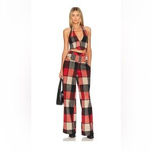 AFRM Willis Cutout Wide Leg in Plaid with matching Neva Zip Corset Top in Plaid